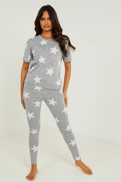 Grey Star Print Long Pyjama Set