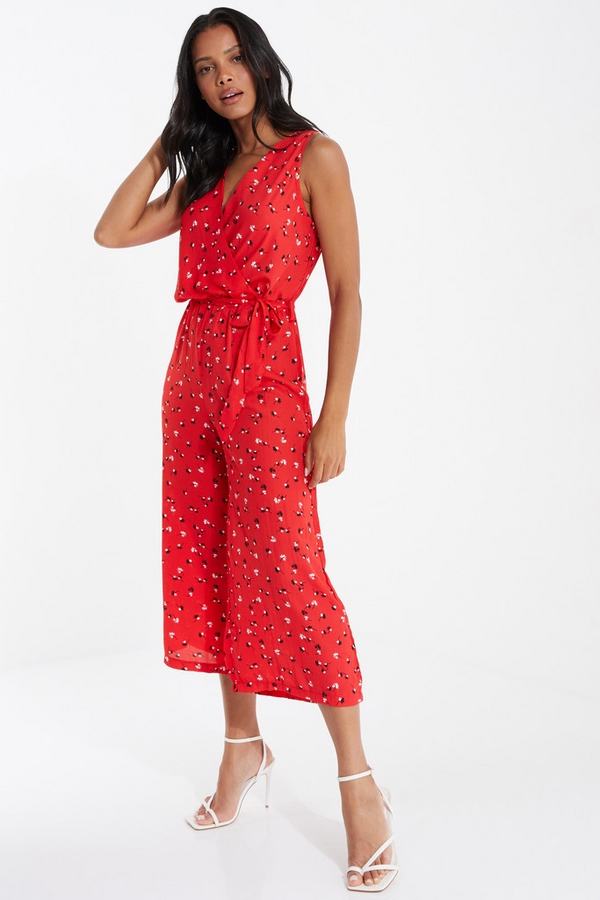 Red Ditsy Floral Culotte Jumpsuit