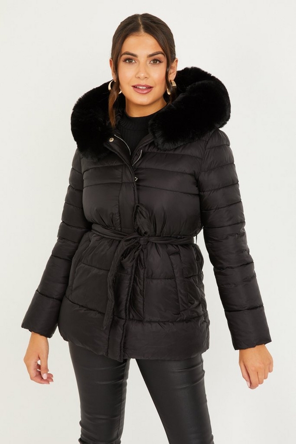 Petite Black Padded Faux Fur Coat