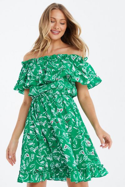 Green Floral Bardot Mini Dress