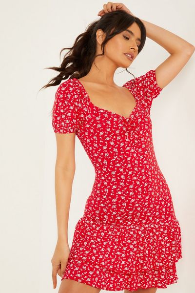 Red Floral Puff Sleeve Dress
