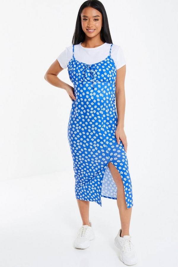 Petite Blue Floral Bodycon Midi Dress