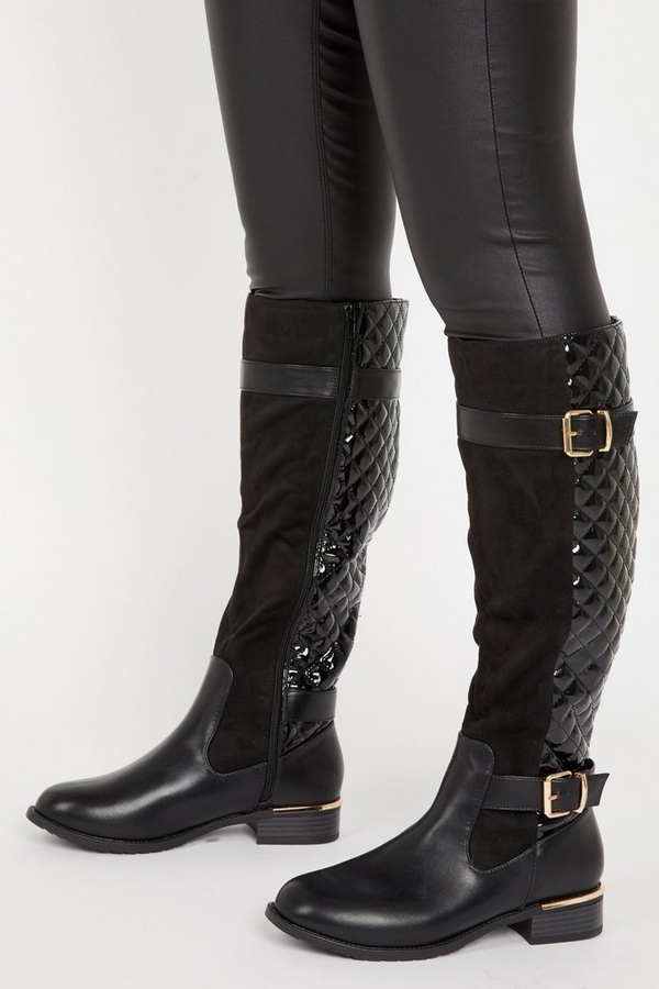 Black Quilted Knee High Boots