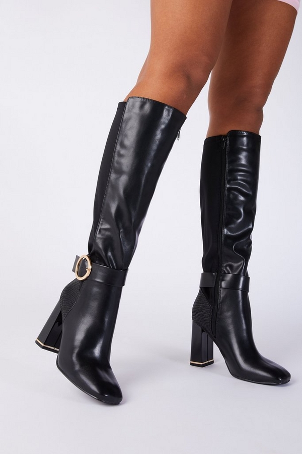 Black Faux Leather Heeled Knee High Boot