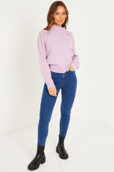 Purple Embel Shoulder Knitted Jumper