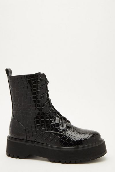 Black Crocodile Lace Up Boots