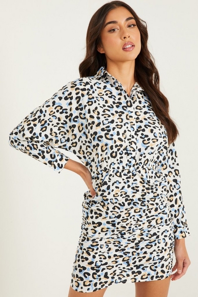 Blue Leopard Print Shirt Dress