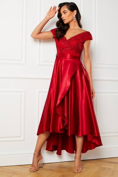 Red Satin Dip Hem Dress