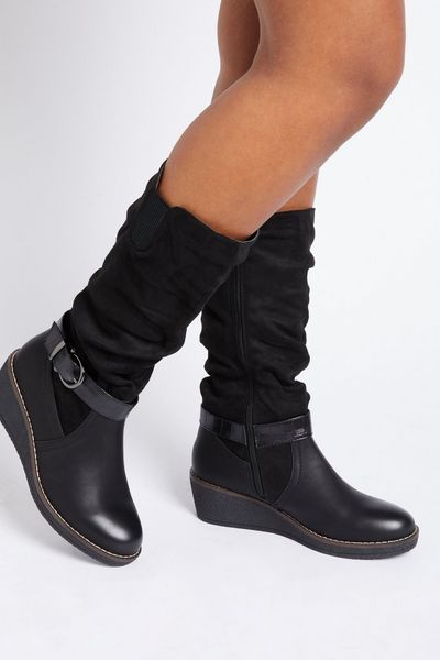 Black Ruched Wedge Boot