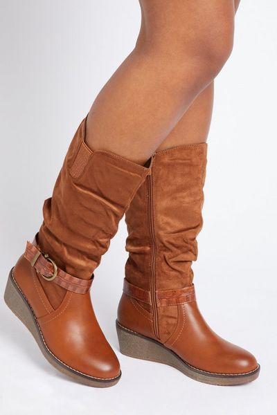 Tan Ruched Wedge Boot