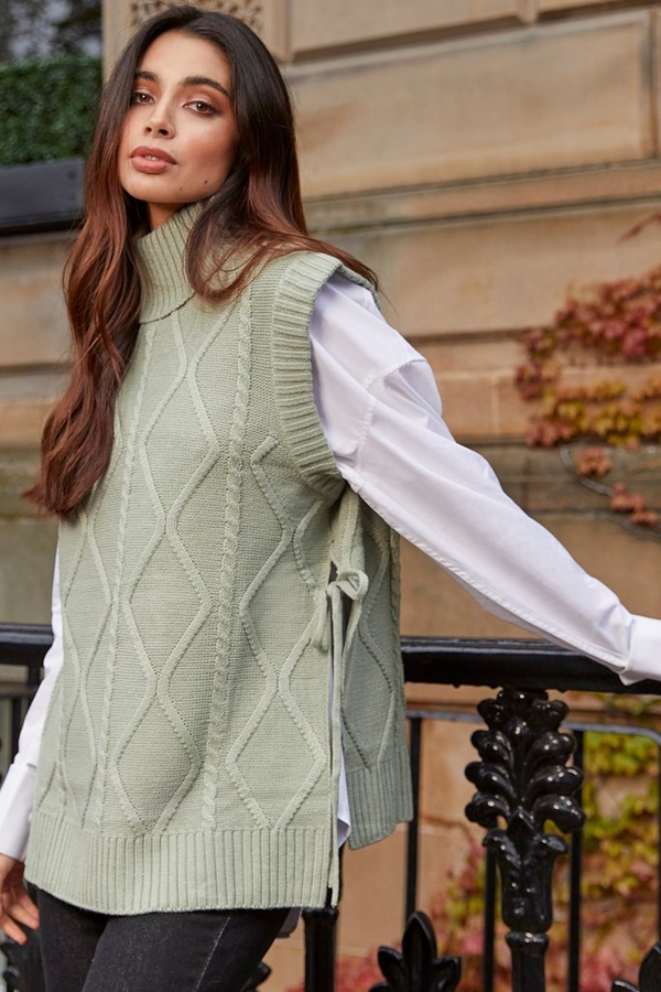 Sage Cable Knit Sleeveless Jumper