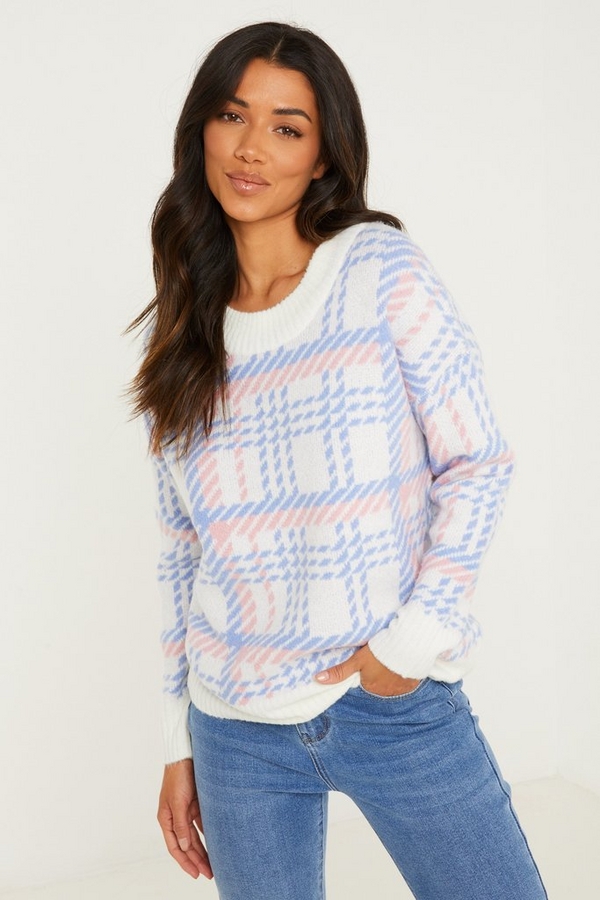 Cream Checked Knitted Jumper