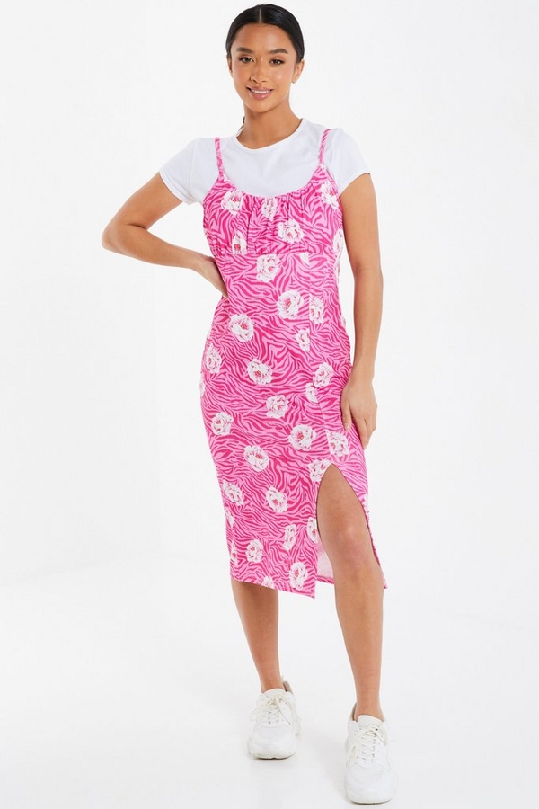 Petite Pink Floral Bodycon Midi Dress