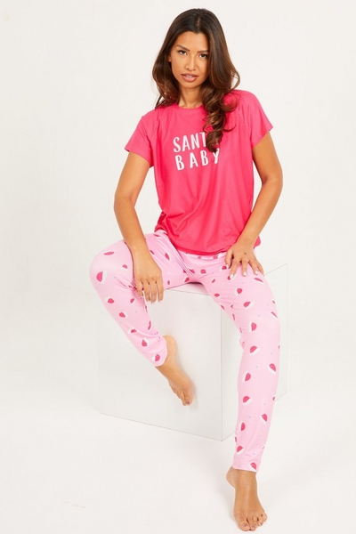 Pink Santa Hat Print Pyjama Set