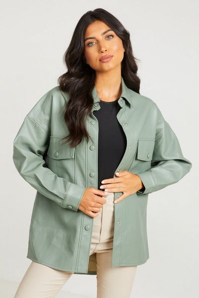 Sage Faux Leather Shacket