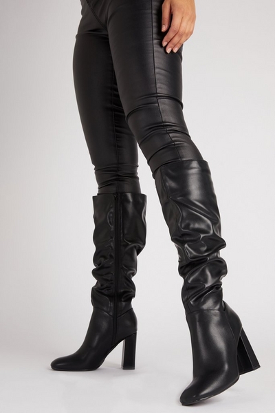 Black Faux Leather Ruched Knee High Boots