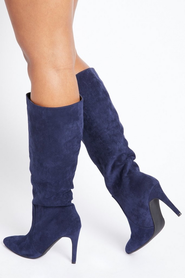 Navy Faux Suede Knee High Boots