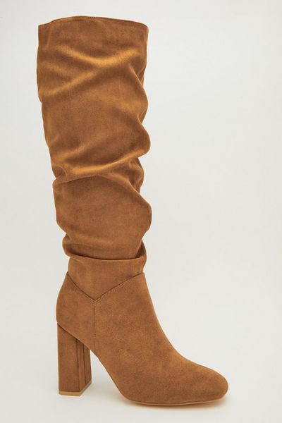 Tan Faux Suede Ruched Knee High Boots
