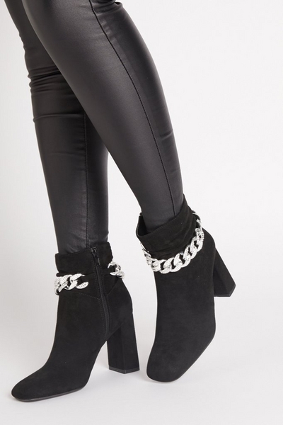 Black Faux Suede Chain Ankle Boot