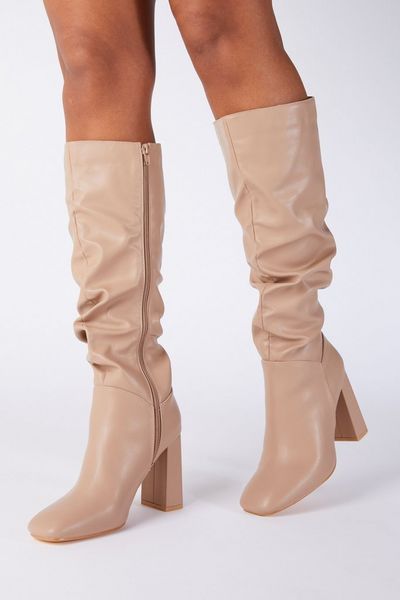 Taupe Faux Leather Ruched Knee High Boots