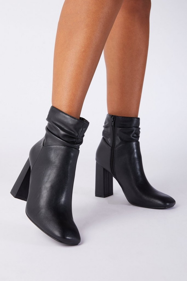 Black Faux Leather Ruched Ankle Boot