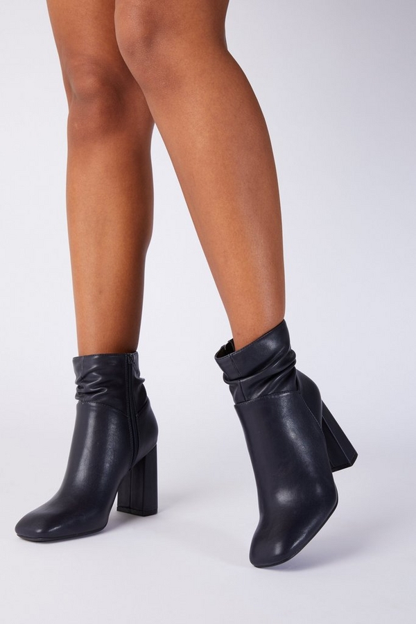 Navy Faux Leather Ruched Ankle Boot