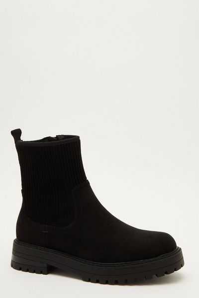 Black Faux Suede Ribbed Ankle Boots
