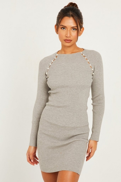 Grey Pearl Knitted Jumper Dress