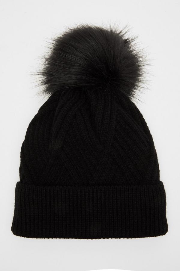Black Twist Knit Pom Hat