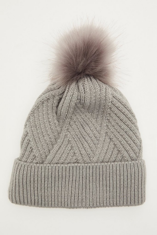 Grey Twist Knit Pom Hat