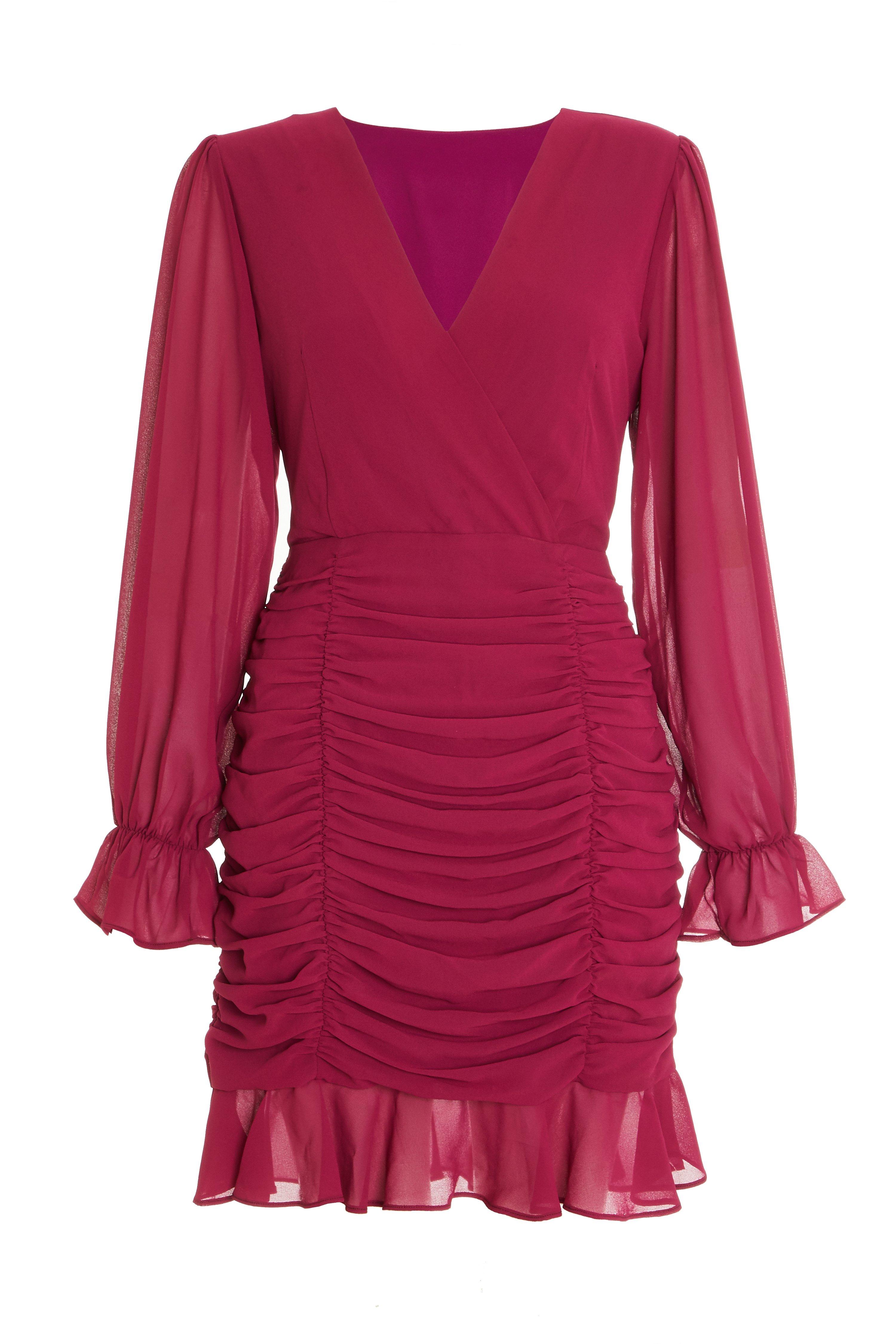 Berry Chiffon Long Sleeve Wrap Dress - Quiz Clothing