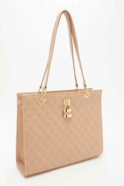 Taupe Faux Leather Quilted Tote Bag