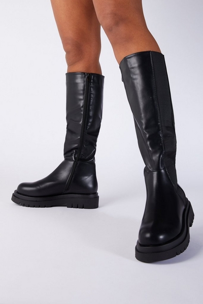 Black Faux Leather Knee High Boots