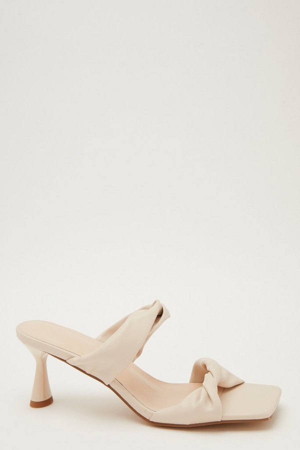 Cream Faux Leather Knot Heeled Sandals