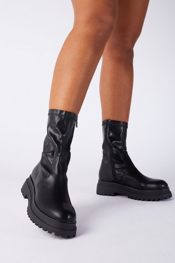 Black Faux Leather Chunky Sock Boot