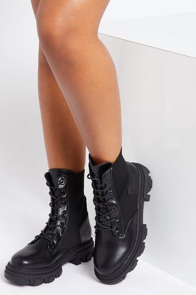 Black Knitted Chunky Lace Up Boots