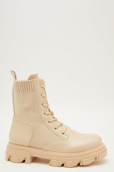 Cream Knitted Chunky Lace Up Boots
