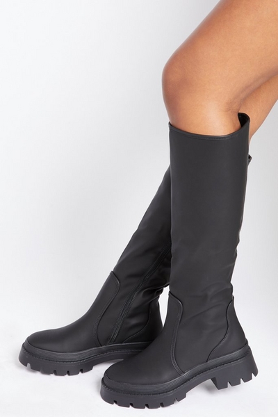 Black Faux Leather Knee High Boots