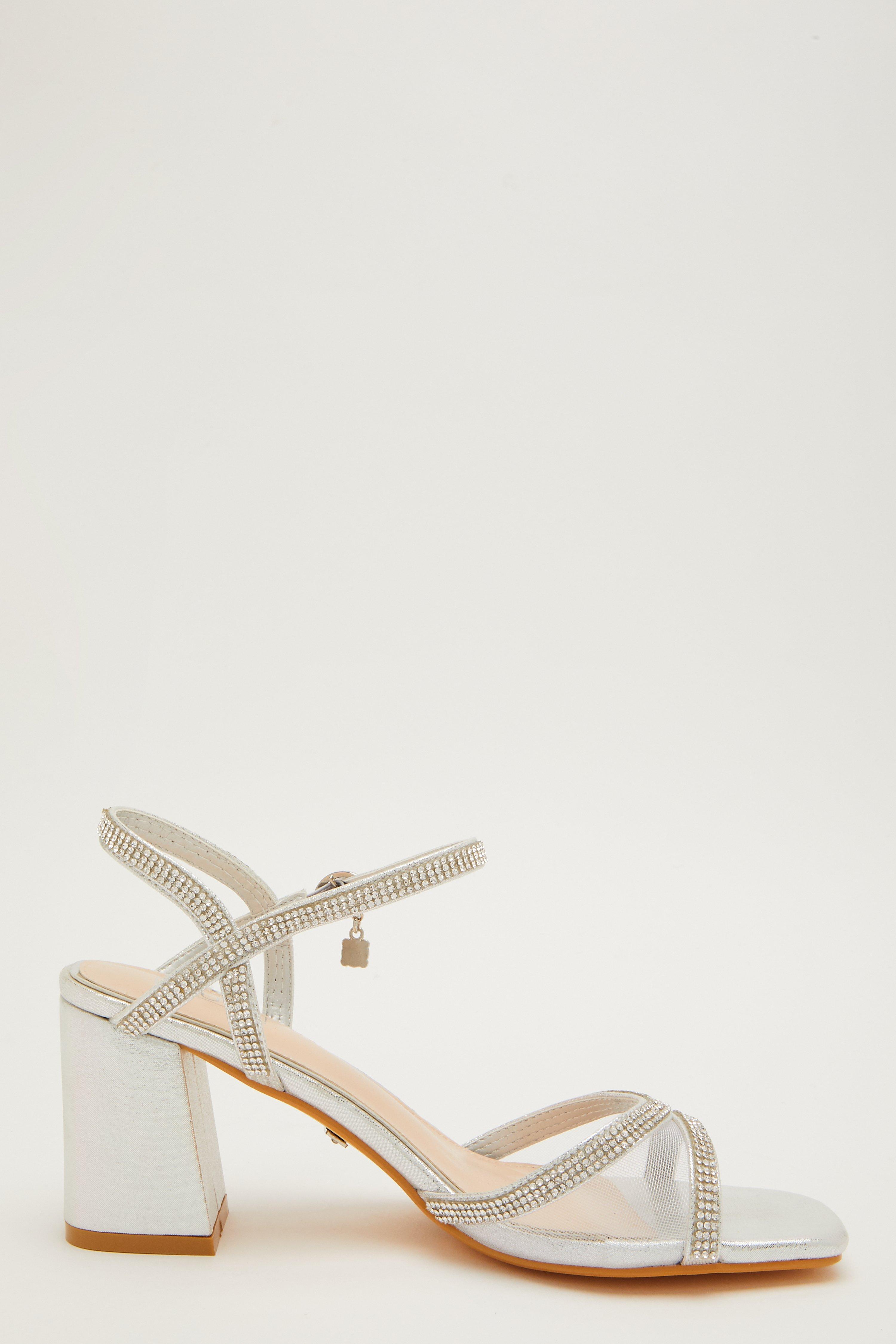 quiz silver diamante mid heel sandals