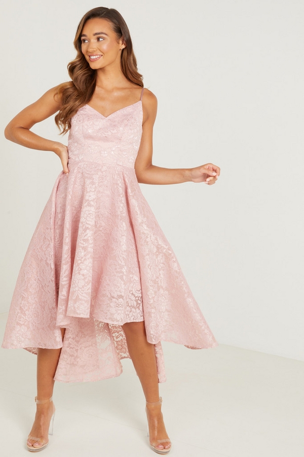 Pink Lace Dip Hem Midi Dress