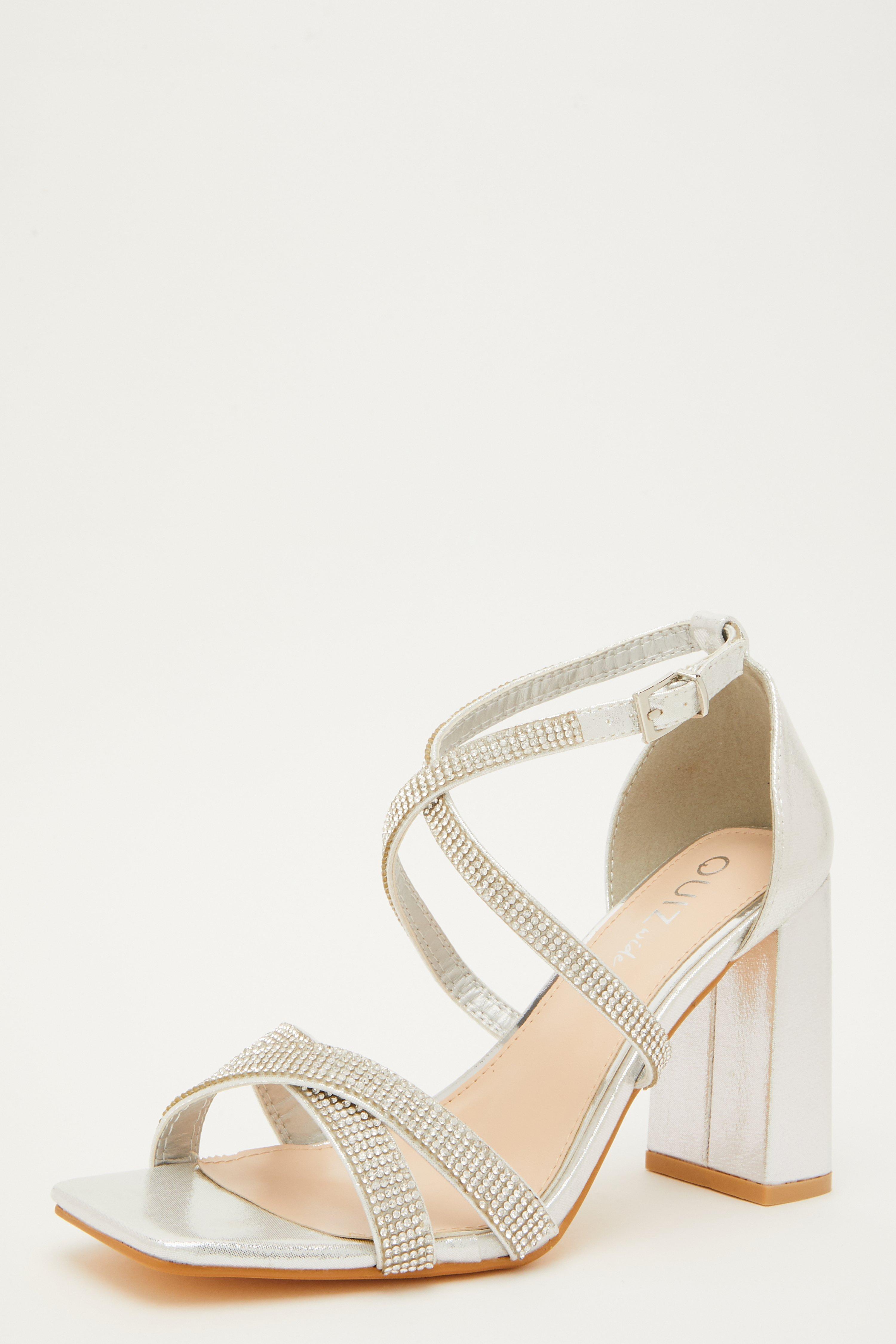 quiz silver diamante mid heel sandals