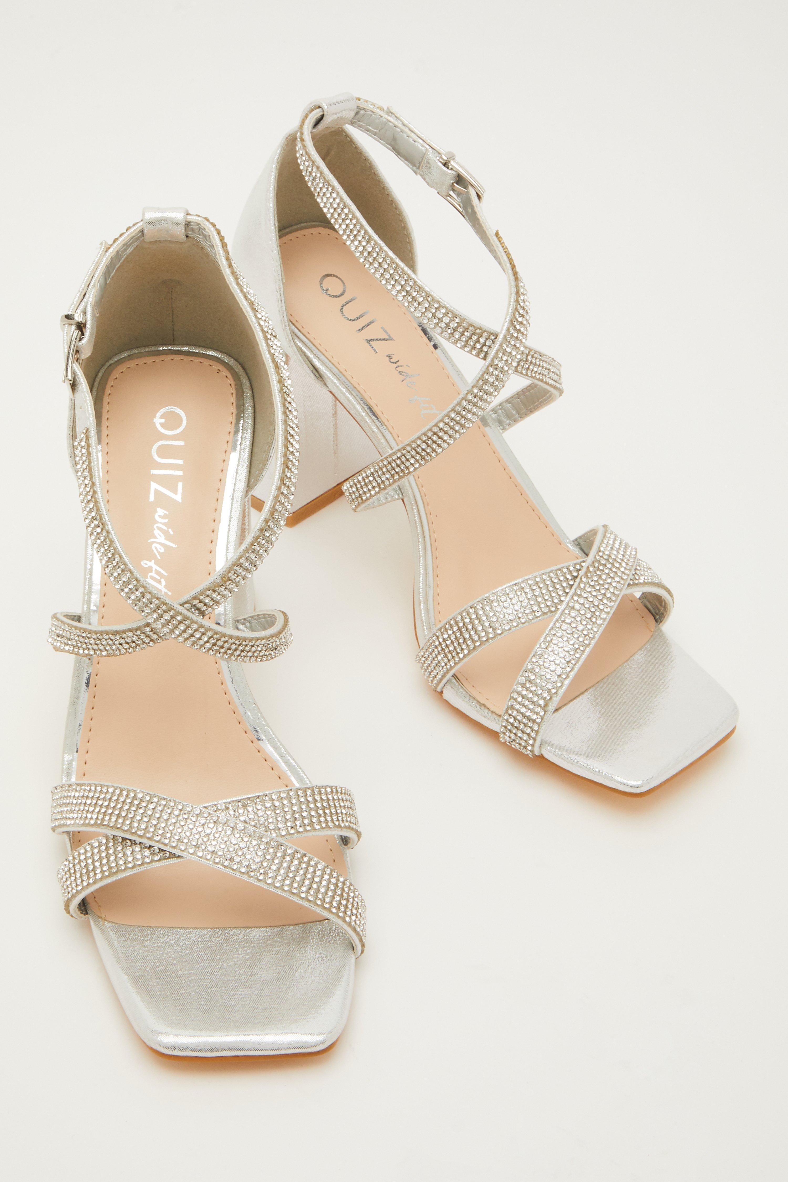 quiz silver diamante mid heel sandals