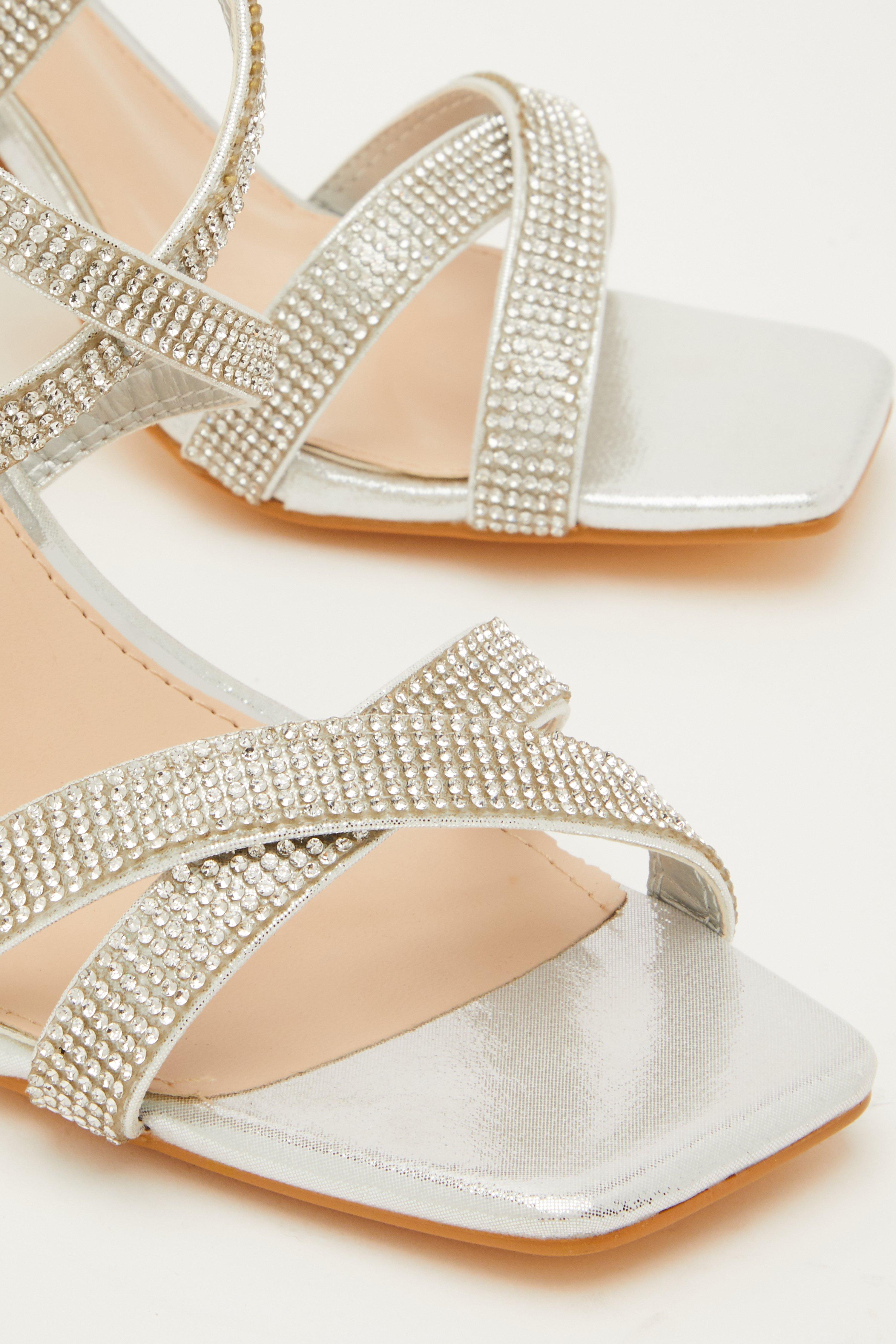 quiz silver diamante mid heel sandals