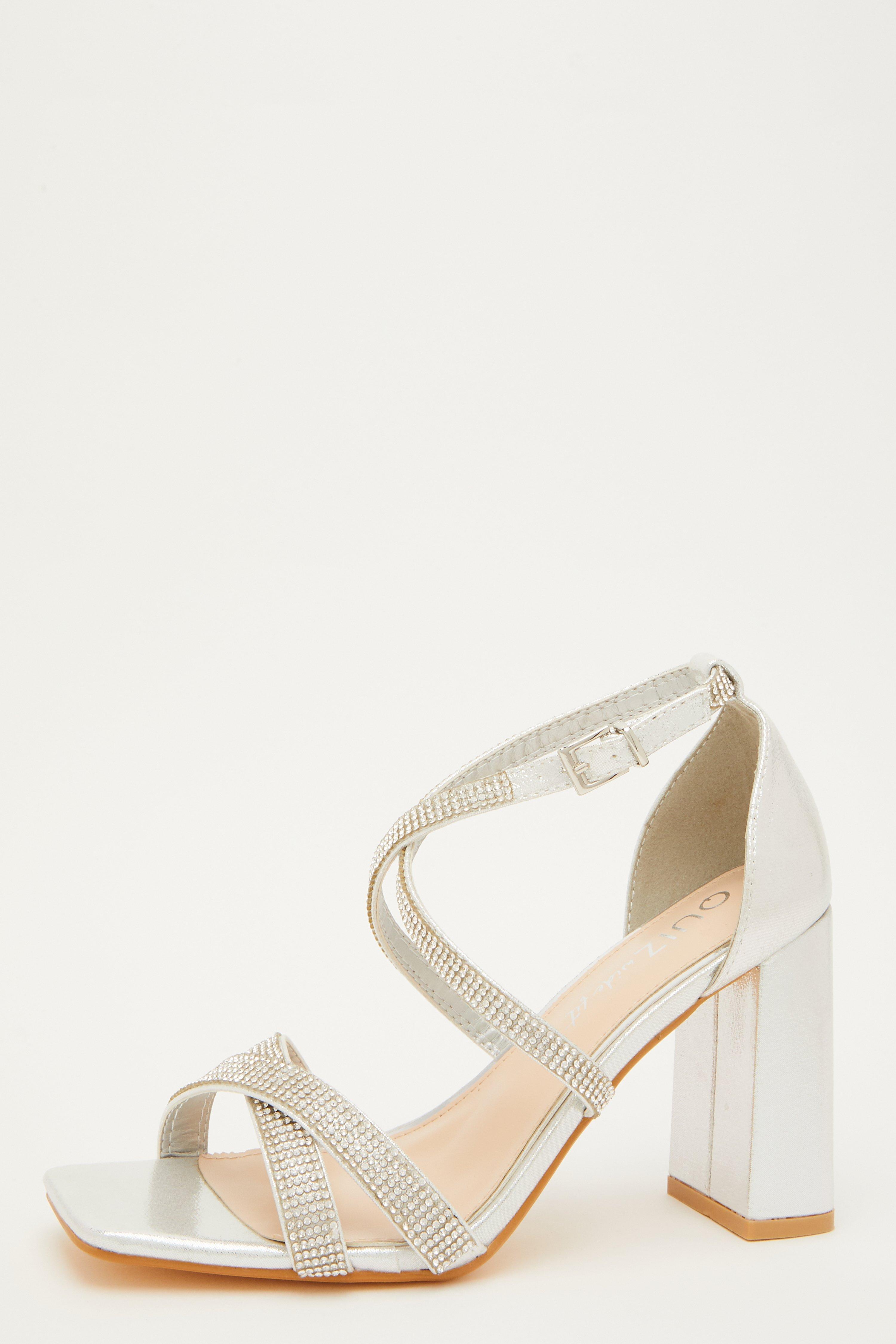 quiz silver diamante mid heel sandals