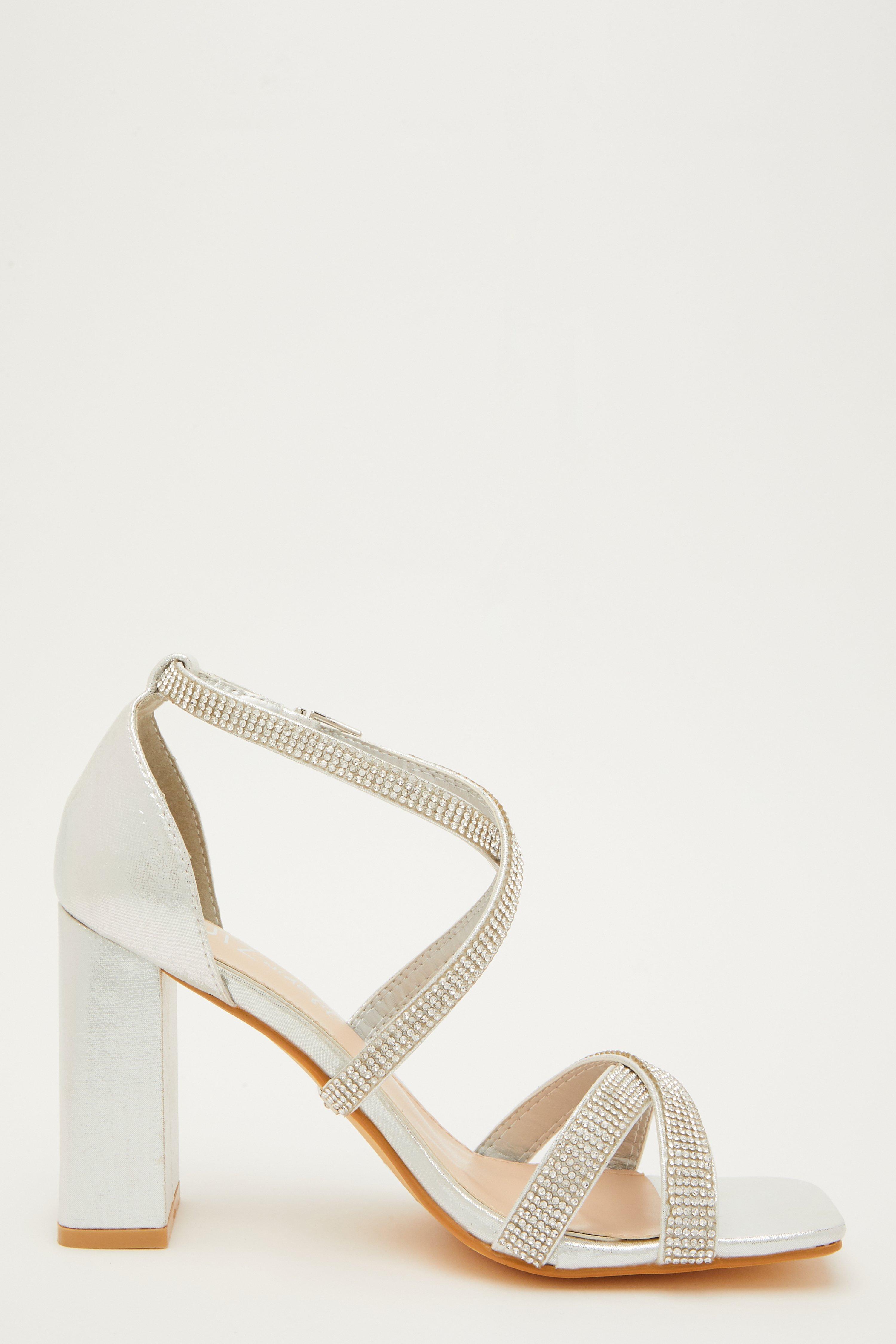 quiz silver diamante mid heel sandals