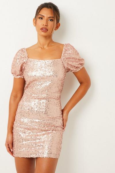 Pink Sequin Puff Sleeve Dress