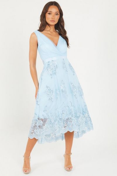 Blue Lace Dip Hem Midi Dress