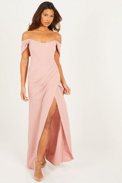 Pink Bardot Split Maxi Dress