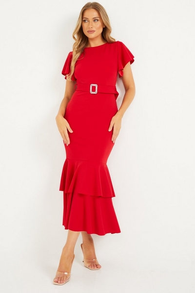 Red Frill Hem Maxi Dress