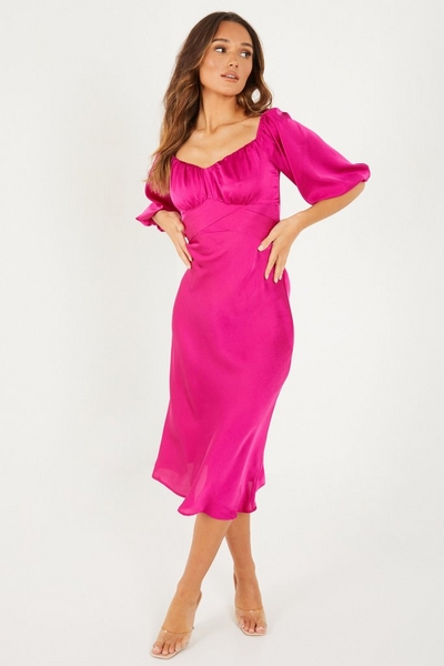 Pink Satin Midi Dress